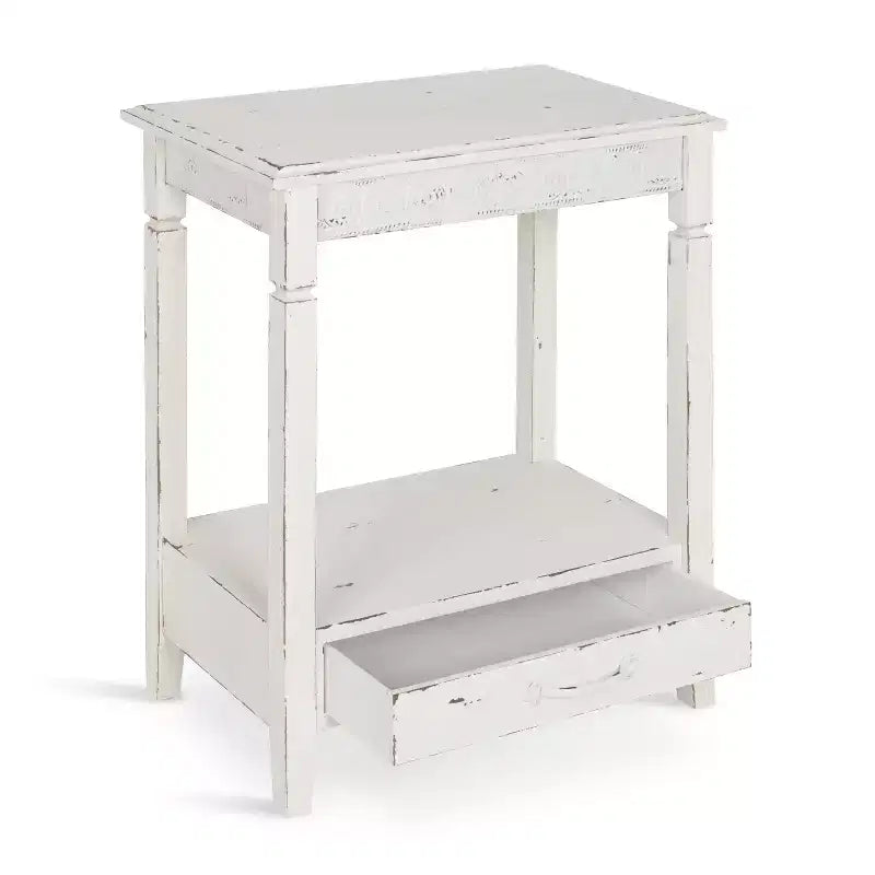 Table d'appoint rectangulaire en bois avec tiroir coulissant et étagère centrale, style ferme blanc, 13,5x22x27,75"